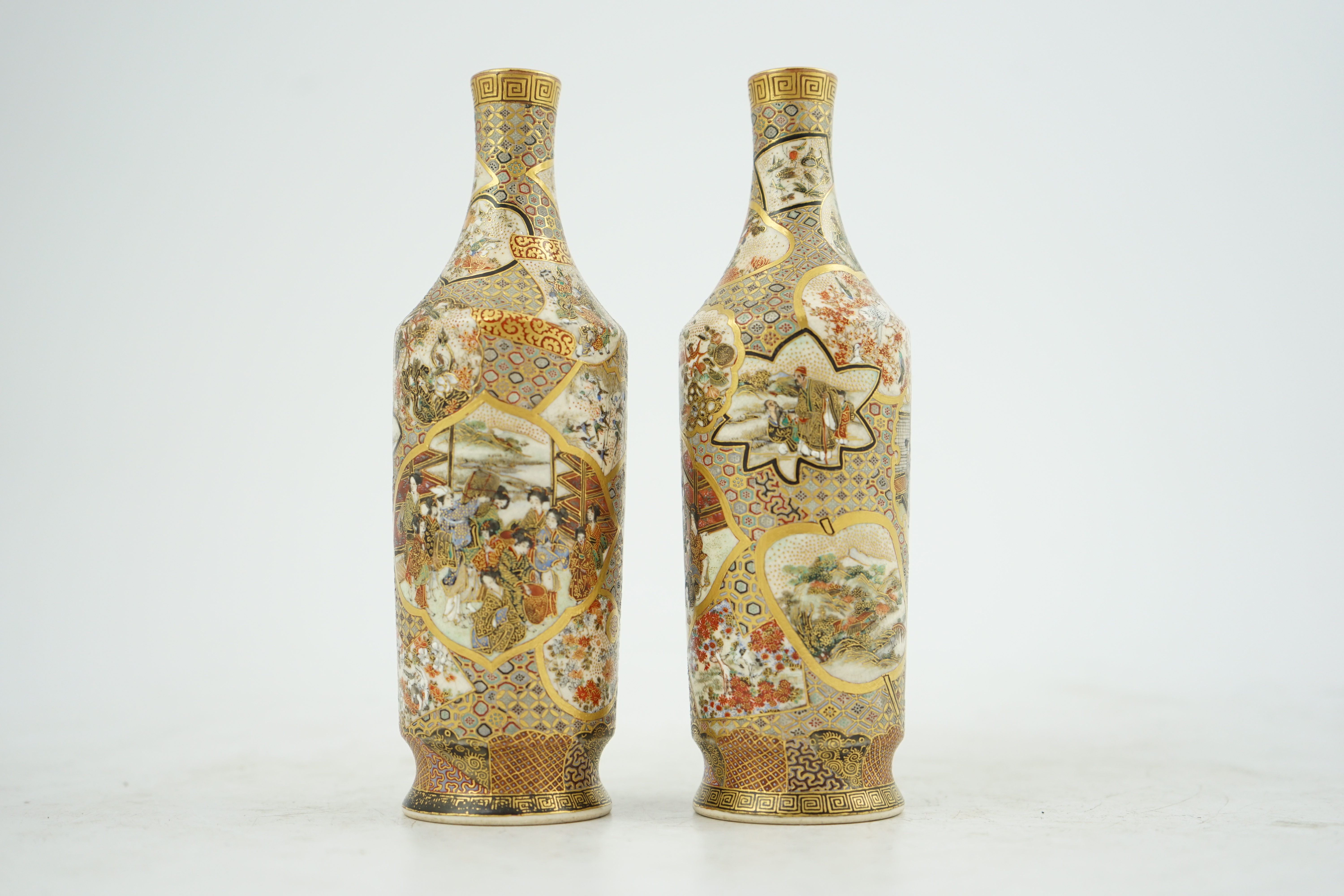 A pair of Japanese Satsuma bottle vases, Meiji period